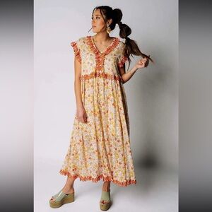 Free People‎ Milania Midi Dress Floral Ruffle Embroidery Milkmaid Cottagecore XS